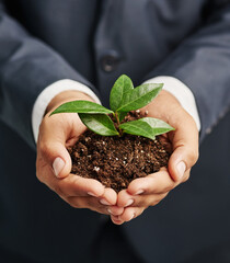 Hands, plant and soil for business, suit and future of agency, fertiliser and sustainable finance. Closeup, natural and person with resources for company, growth or development of leaves in profit