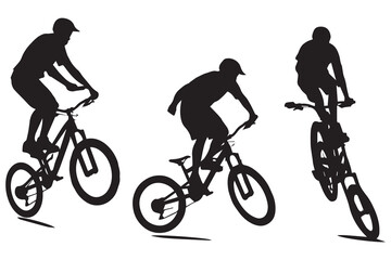 Black silhouettes of bicyclist rider jumping on a white background