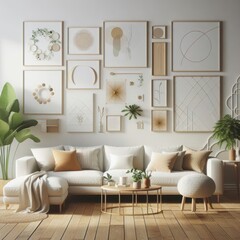 living room with a template mockup poster empty white and With Couch And Art On The Wall image art photo attractive used for printing.