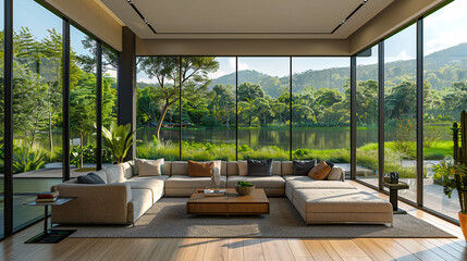 Modern living room with panoramic windows overlooking nature