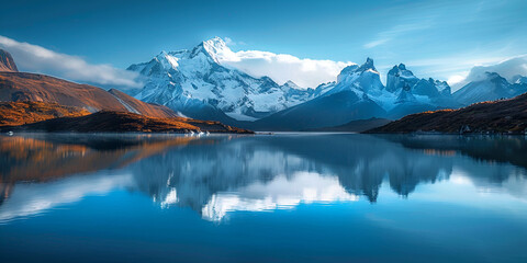 Mirror of the Mountains: Tranquil Lake Reflections | Serene Landscape: Snow-Capped Peaks and Calm Waters
