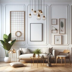 Room with a template mockup poster empty white and With Couch And Coffee Table realistic photo harmony.