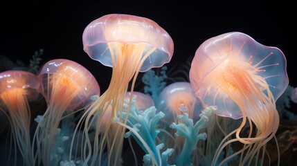 Explore the ethereal jellyfish ballet, a fluid dance of translucent creatures pulsing to an unseen rhythm, painting the ocean floor with their graceful motions