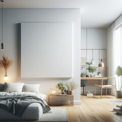 Bedroom sets have template mockup poster empty white with a large white square frame above Bedroom interior art photo attractive lively used for printing.