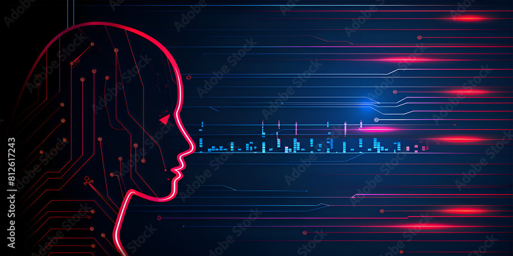 Poster a woman's face is shown in a computer screen with a city in the background. concept of technology an