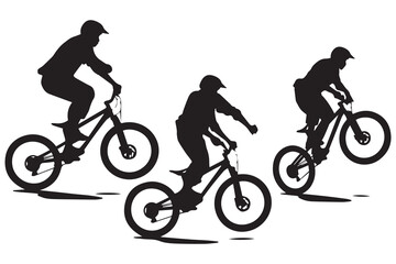 Fototapeta premium jumping bicyclist silhouettes in black on white background