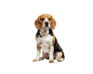 A beagle dog is sitting on a white background