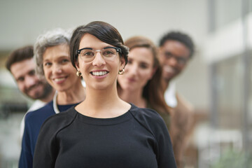 Businesspeople. line and office with smile in portrait for team building in company with closeup....