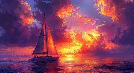 Sailing a catamaran with people sailing on the sea at sunset, a colorful sky with vibrant colors, the silhouette of a sailboat against a red, purple 