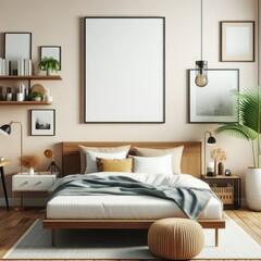 Bedroom sets have template mockup poster empty white with Bedroom interior and a plant art art photo photo.