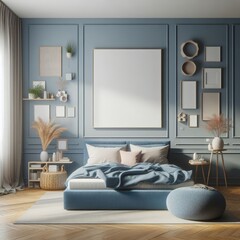 Bedroom sets have template mockup poster empty white with Bedroom interior and a round ottoman image art photo attractive.