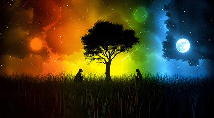 A colorful tree with two people sitting in the grass. The sky is filled with stars and a moon. Generative AI