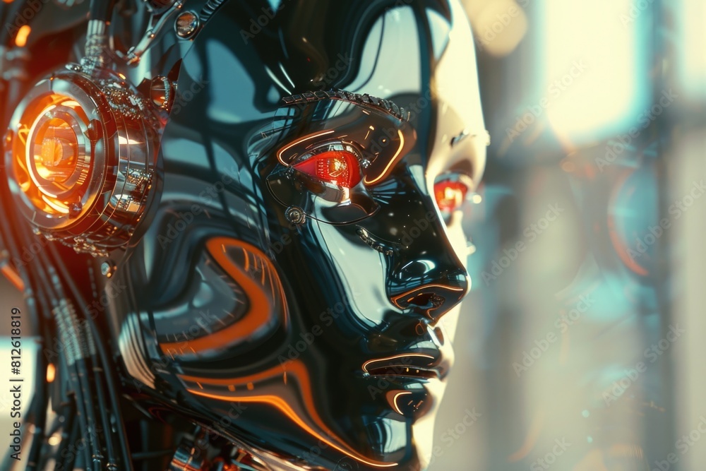 Poster close-up of a robot's head with glowing eyes. suitable for technology and science fiction concepts