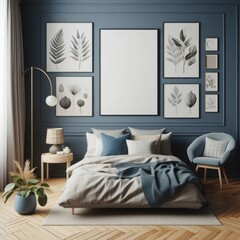 Bedroom sets have template mockup poster empty white with Bedroom interior and chairs art photo used for printing card design.