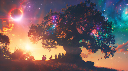 A group of people are sitting under a tree in a beautiful, colorful sky. Scene is peaceful and serene, as the people seem to be enjoying the natural beauty of their surroundings. Generative AI