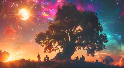 A group of people are sitting under a tree in a beautiful, colorful sky. Scene is peaceful and serene, as the people seem to be enjoying the natural beauty of their surroundings. Generative AI