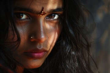 Close up of a woman with a piercing on her forehead. Suitable for beauty and fashion concepts
