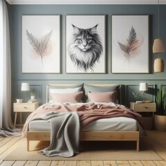 Bedroom sets have template mockup poster empty white with Bedroom interior and paintings on the wall art photo photo photo attractive.