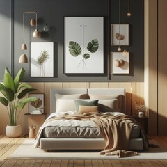 Bedroom sets have template mockup poster empty white with Bedroom interior and plants art photo attractive harmony.
