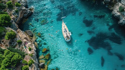 Sailing yacht with people swimming in the turquoise sea, aerial view from above, wide angle lens showing a top down perspective, drone photography capturing the scene 