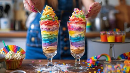 17 Two individuals making rainbowstriped parfait desserts in clear glasses, with a kitchen filled with Pride decorations