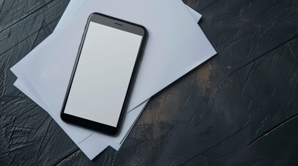 Smartphone with blank screen on white paper on black wooden background.