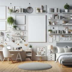 Bedroom sets have template mockup poster empty white with Bedroom interior and shelves and a desk art realistic photo attractive harmony.