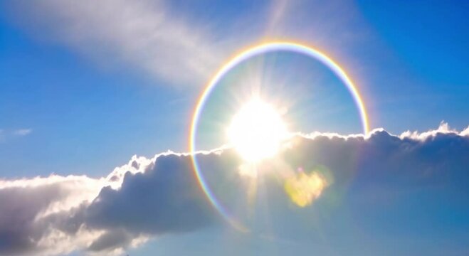 Sun halo or sun dogs, optical phenomena creating a halo or bright spots around the sun - Generative Ai
