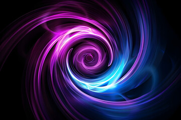 Hypnotic neon swirl design with blue and purple glowing accents. Abstract art on black background.
