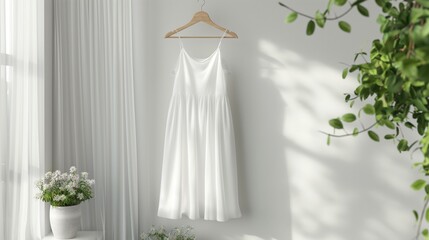 White dress mockup, lovely dress hanging on wall hanger