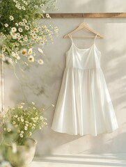 White dress mockup, lovely dress hanging on wall hanger