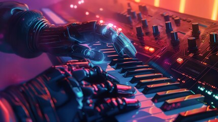 Robotic hand playing piano. Innovation in music with artificial intelligence. Futuristic robotic arm on piano