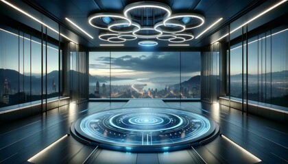 a futuristic interior, defined by sleek, modern architecture and advanced technology.
