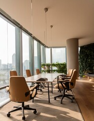 Wooden coworking interior with pc computers on desks in row, panoramic window