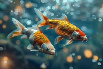 Two goldfish with orange and white patterns swim gracefully in clear blue water with bubbles around them