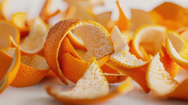 A pile of orange peels on a table, perfect for food and nutrition concepts