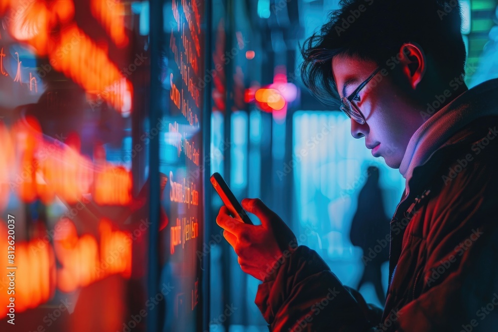 Poster a man using his cell phone in a dark setting. suitable for technology concepts