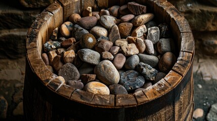 Close up of antique wooden barrel filled with ornamental stones