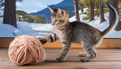 The curious kitten pounced on a ball of yarn, a playful bundle of energy and charm, a joyful...
