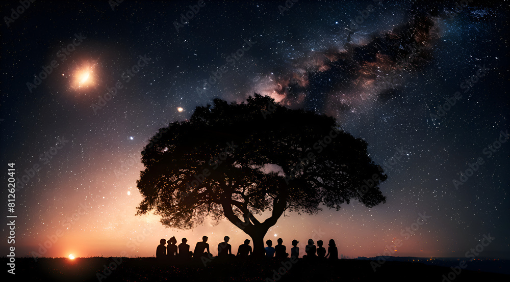Poster a group of people are gathered around a tree in the middle of a field. the sky is dark and filled wi