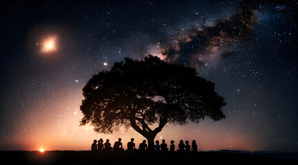 A group of people are gathered around a tree in the middle of a field. The sky is dark and filled with stars, creating a peaceful and serene atmosphere. Generative AI