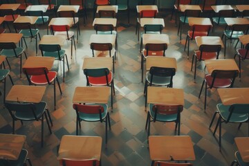 Empty Desks in Classroom for Tests - College Education Concept