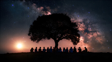 A group of people are gathered around a tree in the middle of a field. The sky is dark and filled with stars, creating a peaceful and serene atmosphere. Generative AI