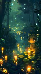 Enchanting Firefly Lit Pond in Mystical Autumn Forest Landscape