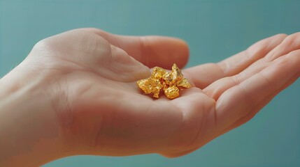 gold nugget on on the plam of the hand, precious metal mining, investment opportunity