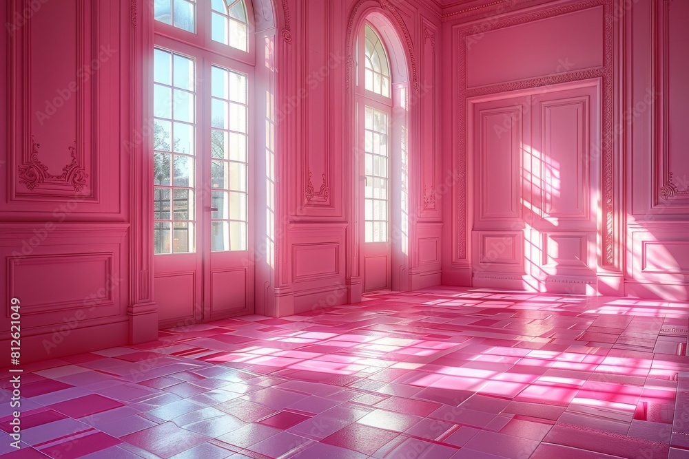 Poster an empty lavishly designed room with sunrays reflecting on pink walls and patterned floor