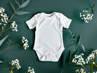 Above flatlay view white blank baby bodysuit POD mockup pretty flowers stem natural earthy emerald green boho rustic chic theme modern lux print on demand mockup  infant toddler clothing background