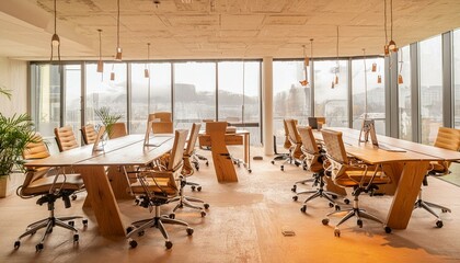 Wooden coworking interior with pc computers on desks in row, panoramic window