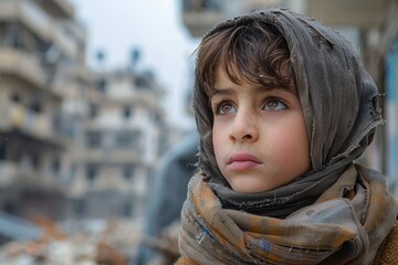 A boy's somber expression captured against a backdrop of urban destruction, a moment of childhood in wartime