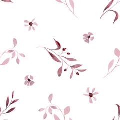 Monochrome burgundy twigs with leaves, berries and flowers. Seamless pattern on a white background. Hand drawn watercolor illustration. For design, fabrics, textiles, wallpaper, prints, wrapping paper